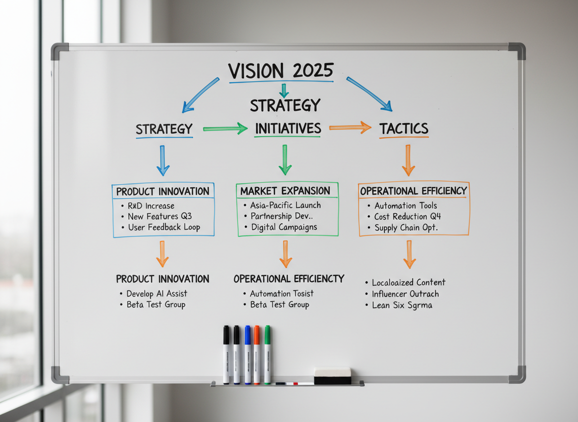 A pristine whiteboard that fills most of the frame, its glossy surface covered with a well-organized strategic plan: bold black headings, color-coded arrows, tidy bullet points, and neatly drawn boxes connecting long-term goals to actionable steps. At the base of the board lies a narrow aluminum tray holding perfectly aligned dry-erase markers and a single eraser. Diffused overcast light from a nearby window casts a soft, even glow, eliminating harsh shadows and creating a calm, focused atmosphere. Shot straight-on at eye level in photographic realism, with sharp focus across the entire surface, the minimalist background fades into a pale gray wall, reinforcing a professional, structured, and methodical approach to planning.