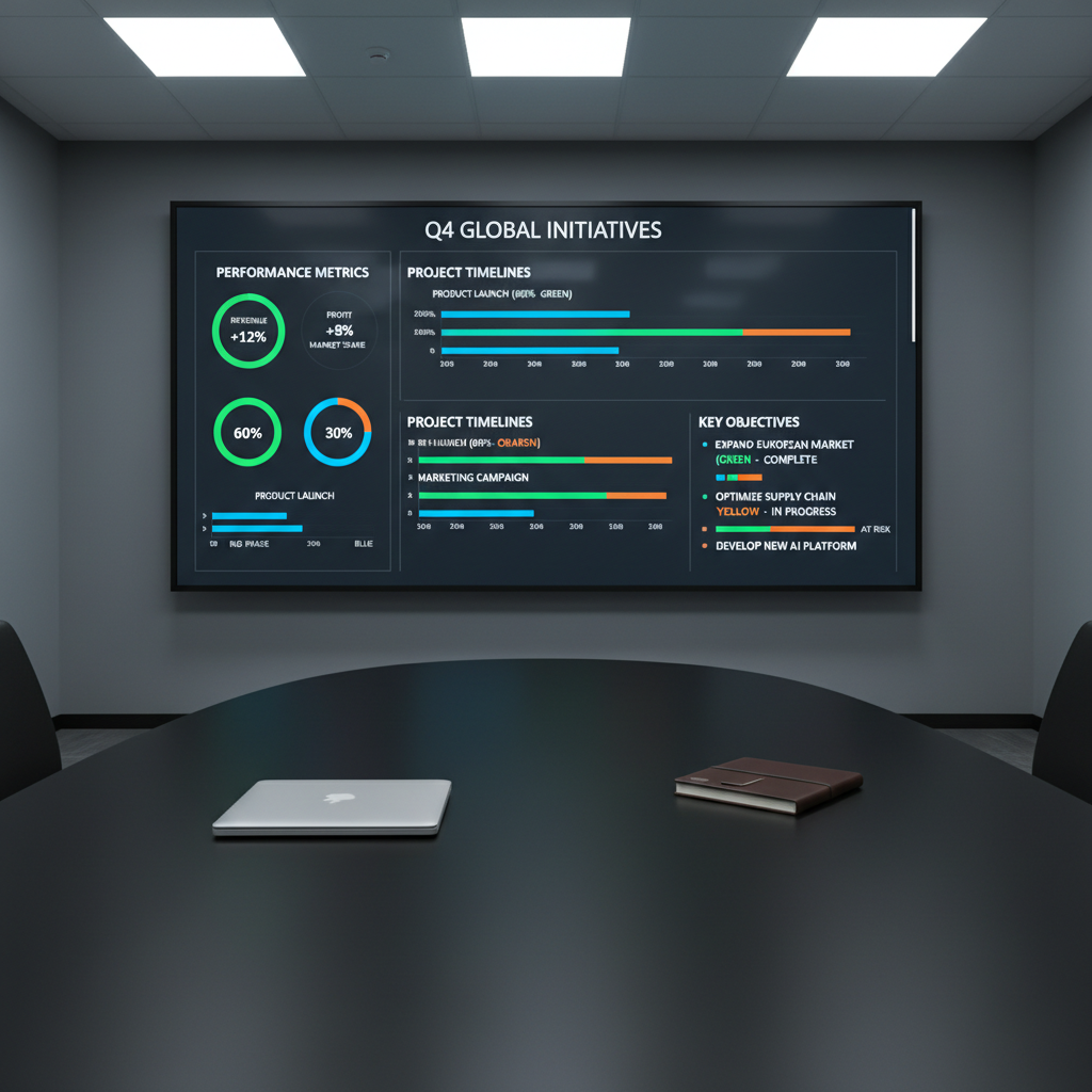 A large, wall-mounted digital screen dominates a minimalist meeting room, displaying a sophisticated strategic dashboard with clear KPIs, timelines, and color-coded progress indicators. The screen’s bright, crisp graphics reflect faintly on a matte black oval table directly beneath it, where a single closed laptop and a slim leather-bound planner rest in perfect alignment. Cool, diffused ceiling lights illuminate the room evenly, highlighting the clean architectural lines and soft charcoal walls while keeping the dashboard as the visual focal point. Shot from a slightly low angle for photographic realism, the image conveys a confident, data-driven atmosphere, with strong horizontal lines and deep perspective leading the eye from the foreground objects to the strategy display.