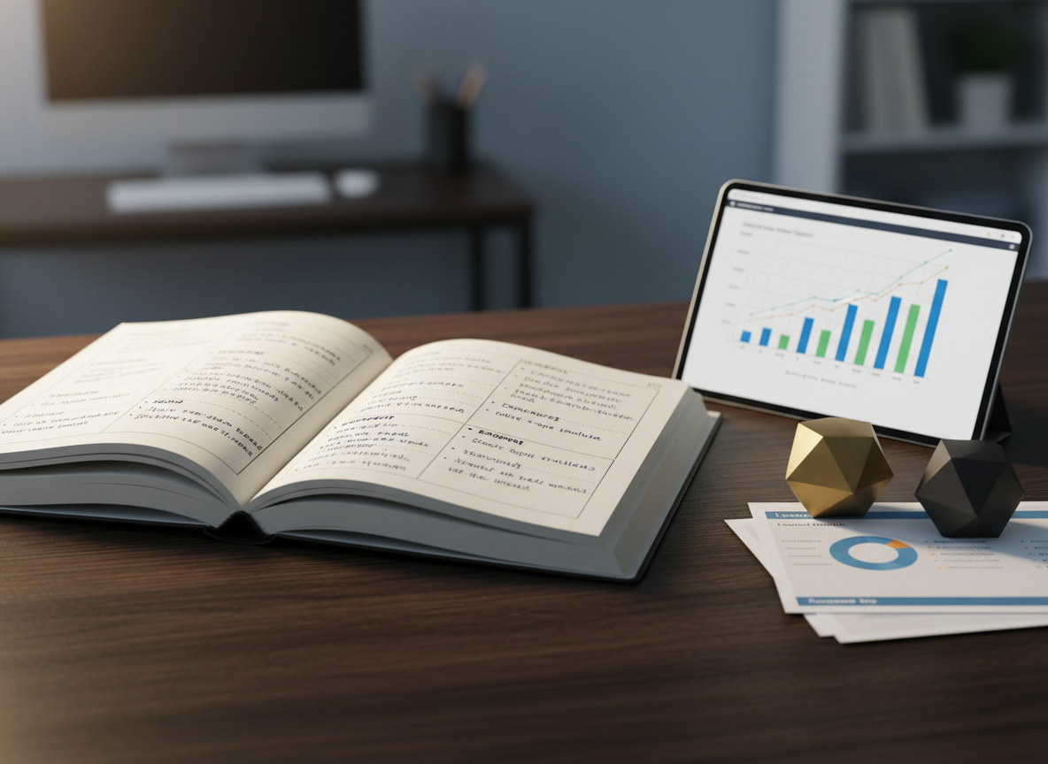 A close-up, eye-level view of a dark, finely grained wooden desk with a large open notebook at the center, its thick cream pages filled with neatly written strategic goals and timelines in elegant ink. Beside it rests a slim tablet displaying a crisp, colorful bar and line chart, and a pair of geometric metal paperweights securing a small stack of printed slides. Warm, indirect office lighting creates soft highlights along the tablet’s edge and gentle shadows under the notebook, adding depth without distraction. The background is subtly blurred, hinting at a tidy workspace with muted blues and grays. The photographic realism, shallow depth of field, and balanced composition create a composed, thoughtful mood ideal for focused strategic thinking.