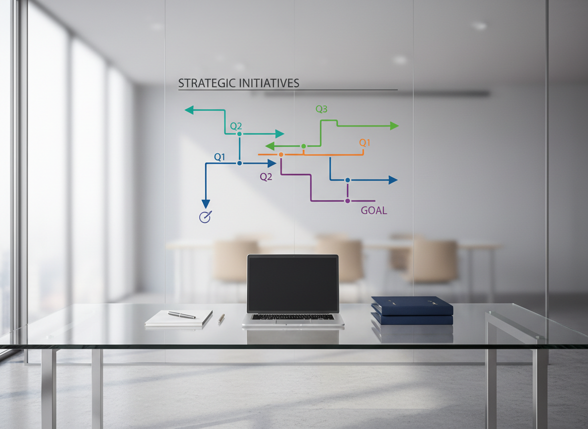 A large glass conference table seen from a slightly elevated angle, meticulously arranged with a thin silver laptop, neatly stacked navy-blue folders, and a single sleek metal pen aligned on a notebook. On the wall beyond the table, a frosted-glass panel displays a sharply focused, multicolored strategic roadmap diagram with arrows and timelines. Soft daylight pours in from tall unseen windows, creating gentle reflections on the glass surface and subtle shadows on the floor. The background is softly blurred, suggesting a modern office with clean lines and muted gray tones. The photographic realism emphasizes clarity, structure, and a professional, forward-looking mood, with a balanced, rule-of-thirds composition and crisp detail at the center of the frame.